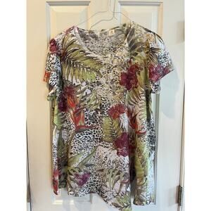 Terra & Sky sz OX, 14W Ladies casual top polyester animal print floral tropical